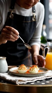 Chef sprinkles paprika on deviled eggs with spoon at kitchen table. Person adds paprika spice to egg appetizers on plate. Chef garnishes deviled eggs with red paprika powder near orange juice.