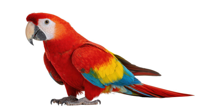 Vibrant scarlet macaw parrot with colorful red, yellow, and blue feathers standing