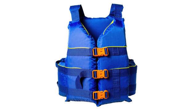 Bright blue life jacket with orange buckles for water safety and recreation equipment