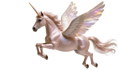 Obraz premium Elegant fantasy creature with iridescent horn and shimmering pegasus wings, in motion.