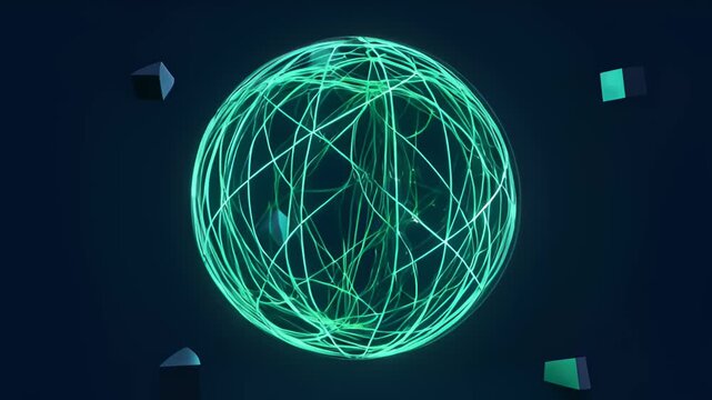 Glowing Green Wireframe Sphere Rotating With Abstract Geometric Shapes on Dark Background