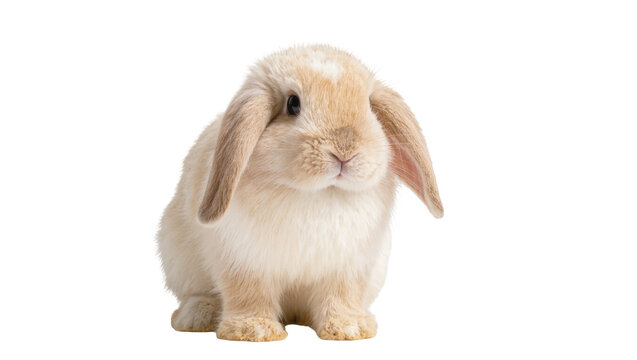 Charming fluffy light brown lop ear bunny, cute domestic pet animal looking at camera