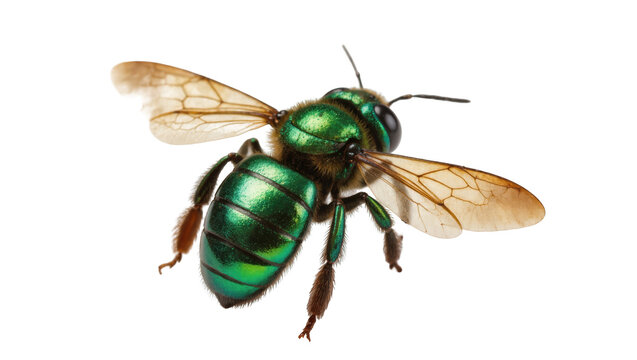 Vibrant metallic green bee displaying its iridescent body and delicate wings in detail