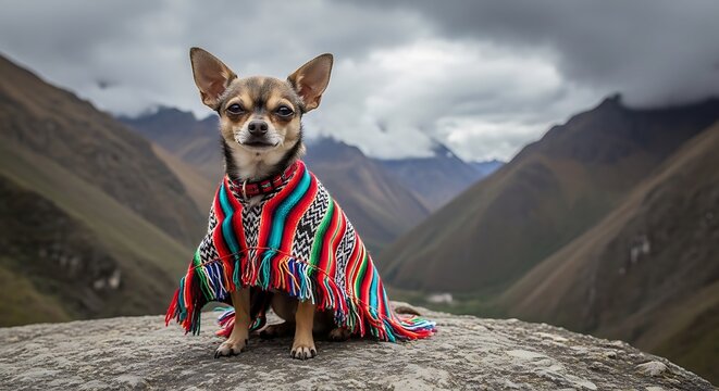 Chihuahua Dog Wearing Colorful Poncho in Majestic Mountain Landscape.