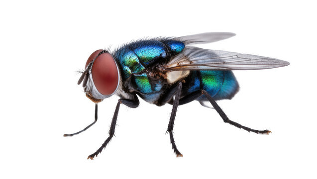 Close-up of a vibrant bluebottle fly with iridescent metallic body and large red eyes