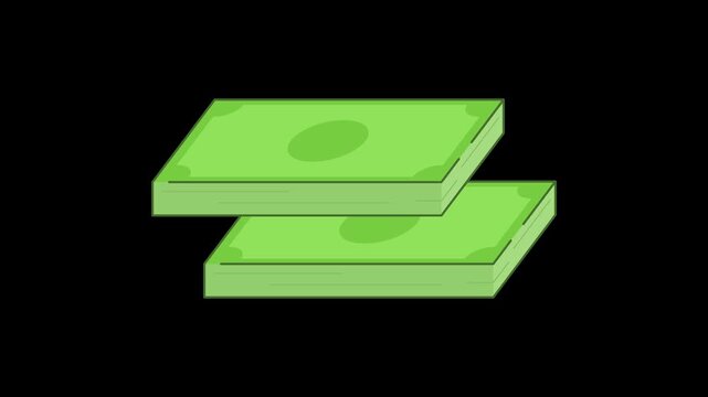 Seamless looping 4k animation of two swaying stacks of paper money. High-quality financial reward and payment motion graphic with alpha channel for professional business video integration