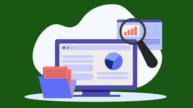 Business data analysis motion graphic with computer monitor folder icons and magnifying glass zoom