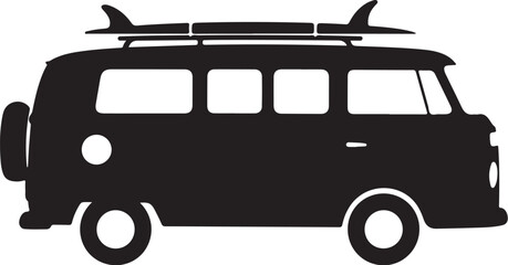 A black silhouette of a van with surfboards on top against a white background © Mahamuda Studio 