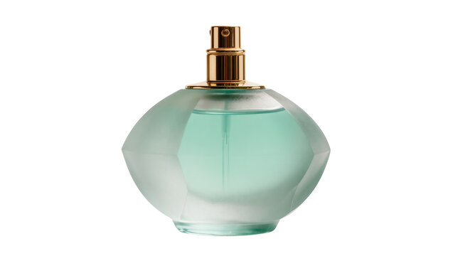 Elegant perfume bottle with faceted glass and refreshing mint green liquid, golden cap