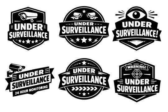 Under surveillance logos and badges set with security cameras, eyes, and warning signs for monitoring system