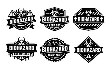 Obraz premium Biohazard warning labels collection alerting to biological danger zones, toxic areas, and restricted access