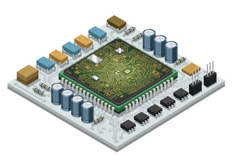 Obraz premium A 3D illustration of a circuit board with various components and capacitors on a white background.