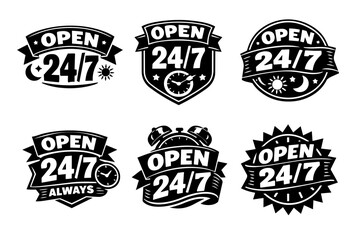 Obraz premium Open 24/7 signs with text, clock, sun, and moon symbols indicating constant business availability services