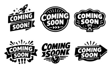 Obraz premium Collection of coming soon labels, badges, and banners in a black and white vector style for promotions