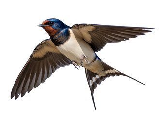 Obraz premium A barn swallow flying with wings spread wide isolated on transparent background with blue and brown feathers