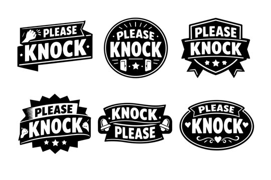 Collection of please knock stickers and badges. Concepts: privacy, politeness, entry, rules, permission, announcement, vintage