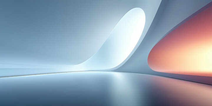 Artistic abstract interior featuring hole shaped opening resembling window, smooth light shadow. Dark toned with white, gray and subtle neon reflections on floor ideal as background for branding.