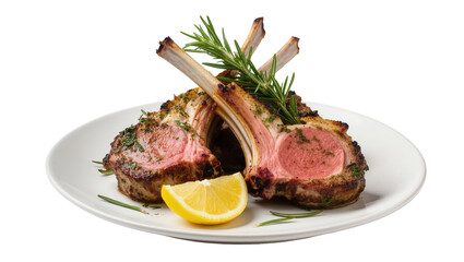 Gourmet grilled lamb chops served with vibrant rosemary and a fresh lemon slice on a plate © Federica