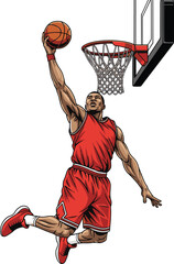 A basketball player in a red uniform jumping to dunk the ball into the hoop. © Mahamuda