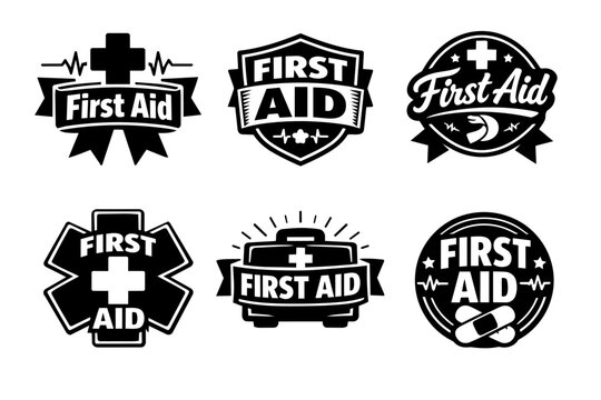 First aid badges and medical emblems collection, emergency health care symbols, first response help icons set