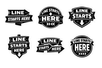 Obraz premium Collection of line starts here signs and badges, indicating direction, start points, and queues