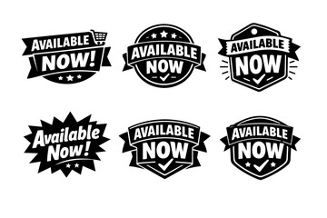 Obraz premium Available now badges and labels set promoting product availability, new arrivals, and limited offers with a shopping cart icon