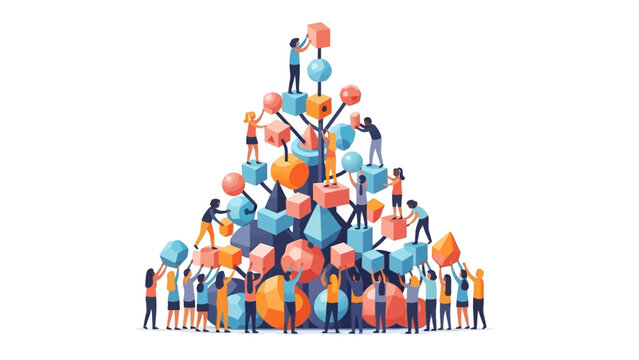 A colorful illustration of people standing in a pyramid formation on a white background with design elements conveying information and knowledge.