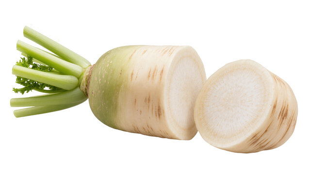 Fresh whole and sliced white daikon radish with green leaves, healthy organic vegetable food