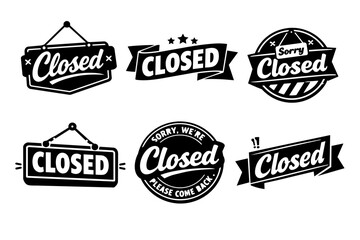 Fototapeta premium Set of various closed signs and badges, conveying store closure, unavailability, and off-hours for retail and service businesses