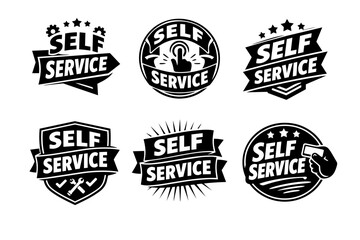 Fototapeta premium Self service badges collection, creative design using banners, stars, gears, hands, and tools, promoting customer autonomy