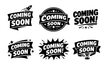 Fototapeta premium Coming soon banner collection with various announcement labels, ribbons, and badges for new product releases