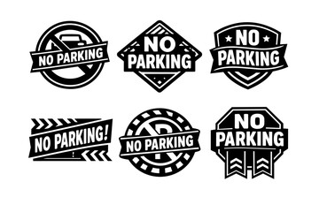 Obraz premium No parking signs collection displaying various black and white warning symbols and traffic icons with text