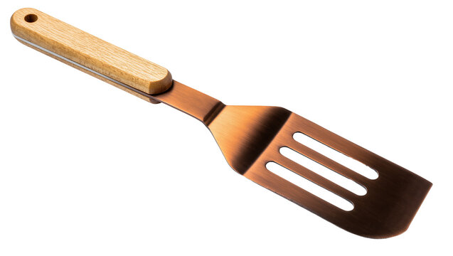 Modern copper finished slotted spatula with a light wooden handle, perfect for grilling