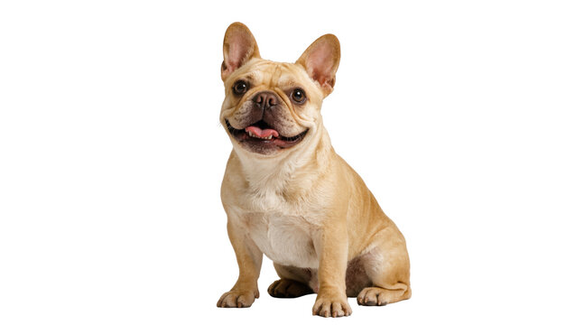 Adorable happy fawn French Bulldog puppy sitting, smiling, and looking at camera with tongue out