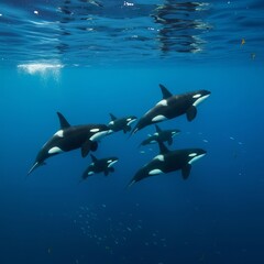 Obraz premium An orca pod swimming in harmony through deep blue waters embodyi