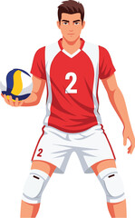 Fototapeta premium A male volleyball player in a red jersey holding a ball and ready to serve
