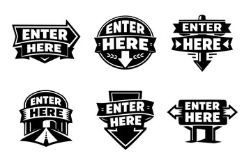 Fototapeta premium Enter here vector logos with arrows and road signs, indicating direction and entrance points