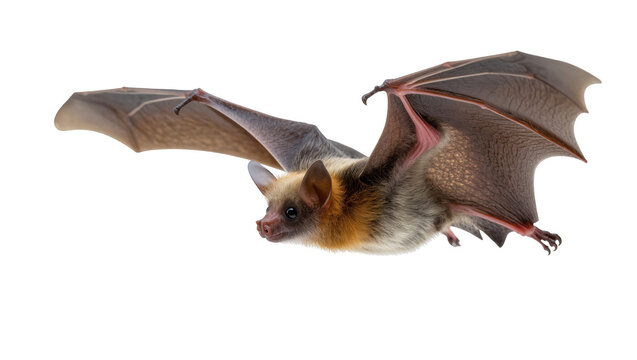 Flying brown and orange bat with wings spread, showcasing its nocturnal animal beauty.