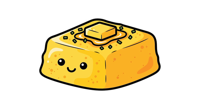 Cute Kawaii Cornbread with Butter and Chives - Cartoon Style