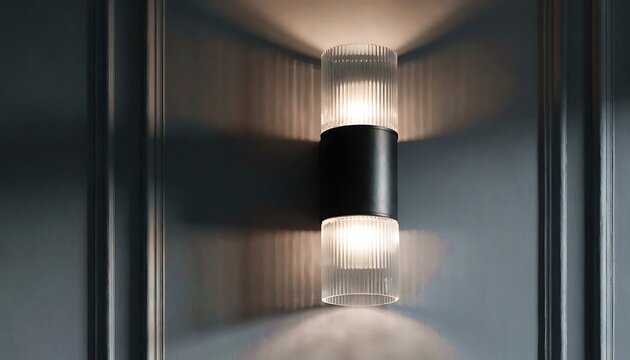 Modern wall sconce with glass shades and dark metal accents, casting warm light up and down on a grey paneled wall