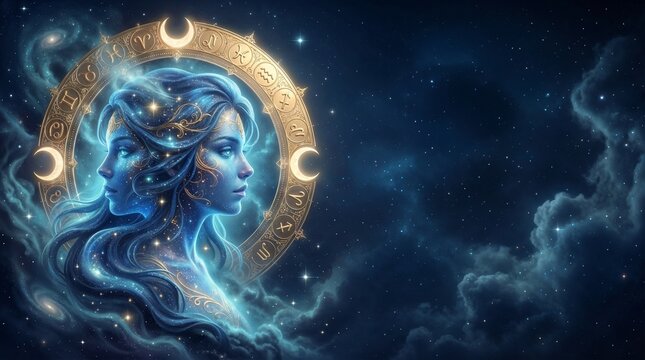 Vedic astrology Virgo zodiac sign Kanya Rashi with celestial maiden and right side copy space