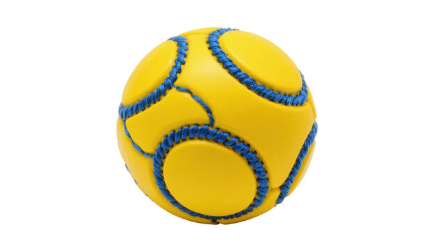 Vibrant yellow chew ball dog toy with blue rope accents, perfect for pet play and training