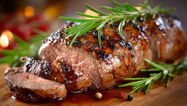 A roasted backstrap of aged venison, seasoned with fresh herbs, placed on a rustic wooden board, a delicious, tasty culinary creation