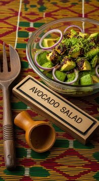 Modern Ghanaian Avocado Salad with Shito Drizzle on Kente Mat with Odum Decor