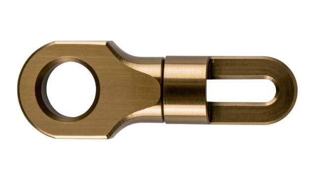Precision-machined brass swivel joint linking an eyelet end to a U-shaped clevis fork