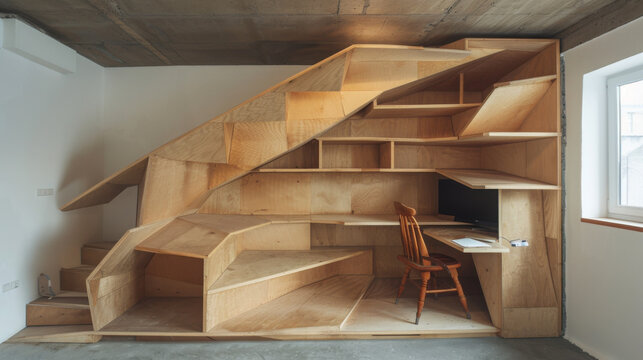 Modern wooden staircase with built in desk and chair in minimalist room with window