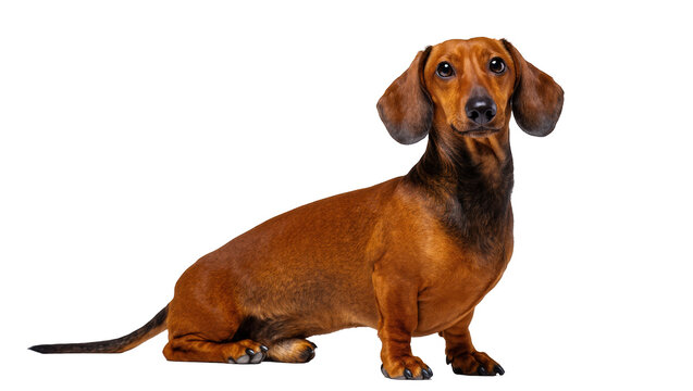 Adorable brown and black short-haired dachshund dog posing attentively, looking directly at camera