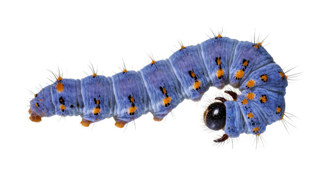 Intricate macro shot of a vibrant blue caterpillar with distinct orange spots and spiky bristles