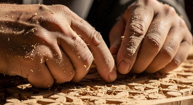 Close-up of skilled hands carving intricate details into wood with a chisel.