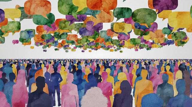 Animated Watercolor Crowd With Floating Speech Bubbles Representing Global Communication